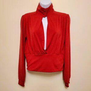 Stiletto Mock Neck Red Long Sleeved Crop Top Peekaboo Front Y2K Vintage - L